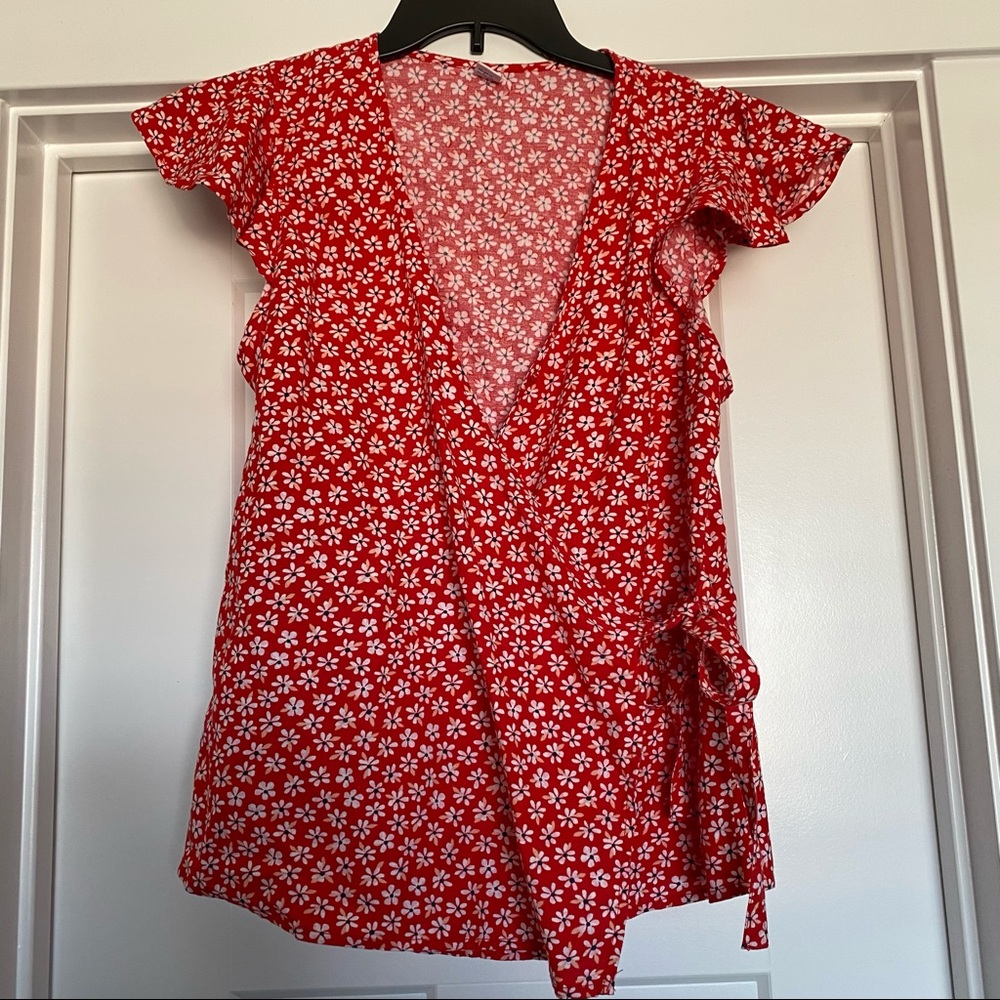 Old Navy Red Floral Wrap Top